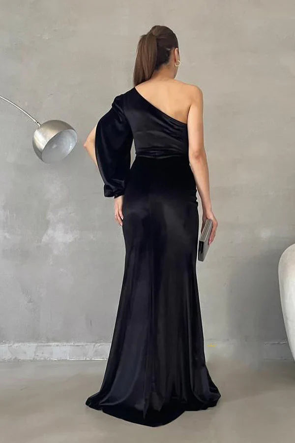 Luolandi Unique and modern one shoulder long sleeved evening dress With Slit Sexy